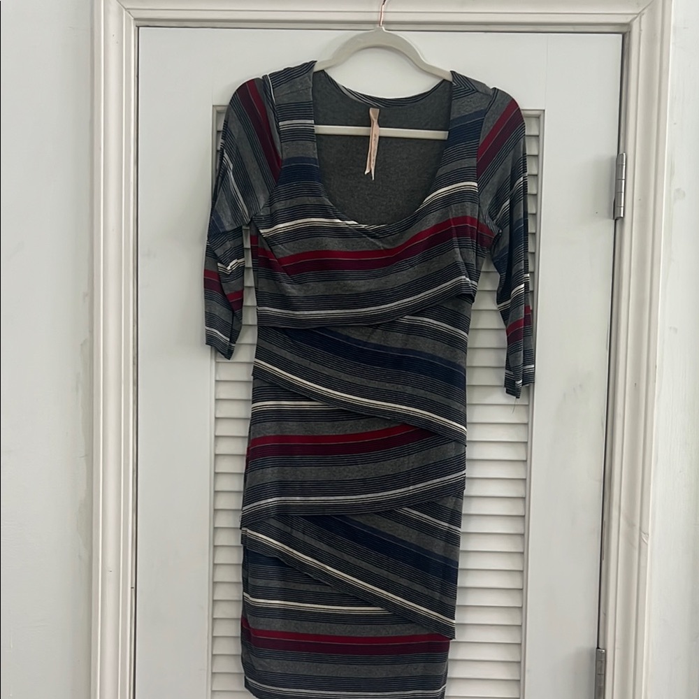 Bailey 44 3/4 Sleeve Striped Dress - Gray, Red, Blue